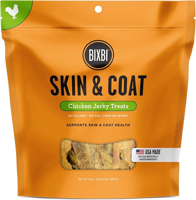 BIXBI Skin & Coat Support Chicken Jerky Dog Treats, 12 oz - USA Made Grain Free Dog Treats - Antioxidant Rich to Support Shiny, Full Bodied Coats - High in Protein, Whole Food Nutrition, No Fillers