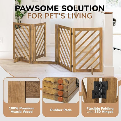 dCee Solid Acacia Wood Dog Gate, Freestanding Walk-Through Pet Gate, 81" 4-Panel Foldable Wooden Dog Gates with Door & 2 Support Legs for Doorways, Kitchen, Hall, Stairs, Indoor & Outdoor