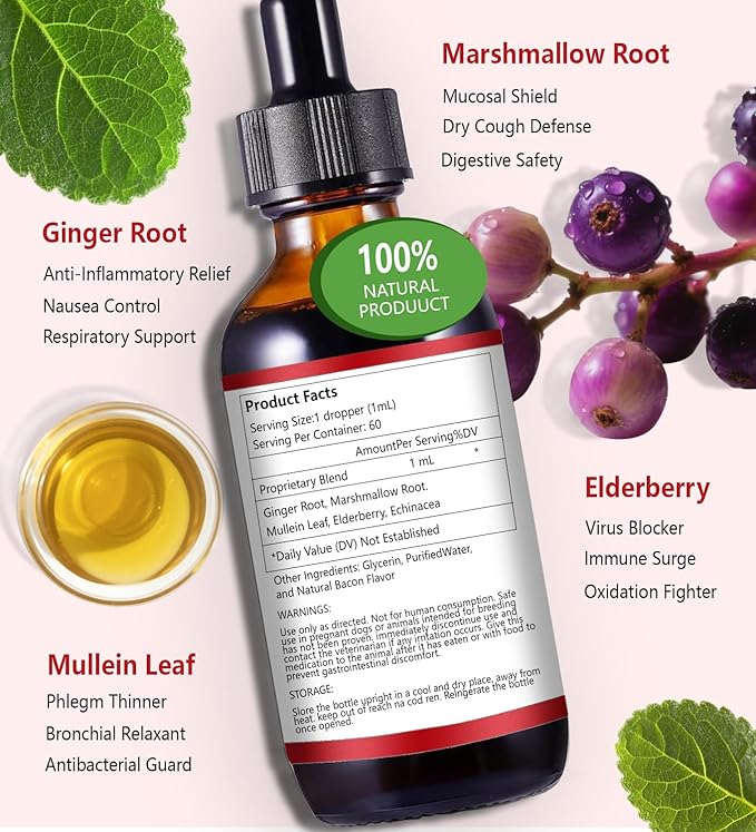 Kennel Cough for Dogs, Natural Dog Cough Treatmen, Gentle Dog Allergy Relief, Cough Supplement for Dogs Respiratory Infection, Herbal Drops for All Breeds & Sizes