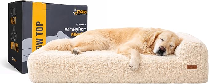 KOPEKS Orthopedic Memory Foam Dog Bed 7" Inch Thick Extra Large Dog Bed with Pillow Fluffy Brown 50"x34"x10" Includes Waterproof Liner & Durable Removable Cover with Smart Design