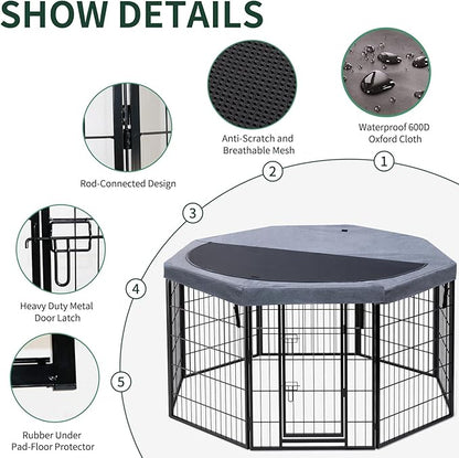 PETIME Dog Playpen,Metal Exercise Puppy Pen Heavy Duty Kennels Yard Fence Indoor/Outdoor 27" W x 32" H 8 Panels Dog Cage with Octagon Top Cover