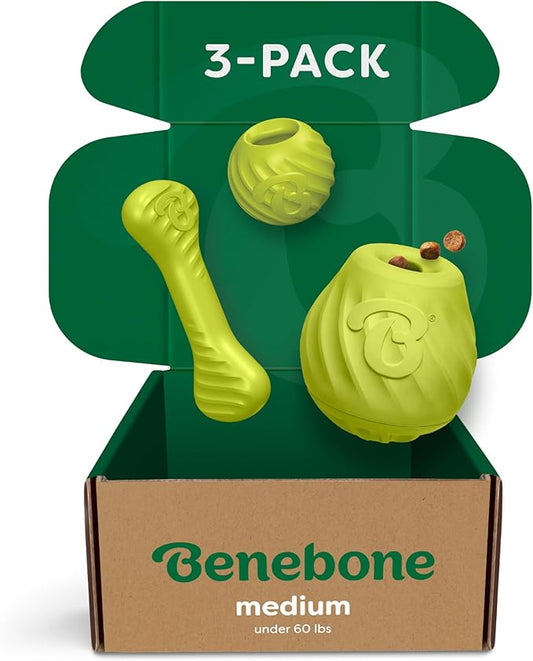 Benebone 3-Pack Ball/Bone Medium/Pawbler Rubber Pet Toys