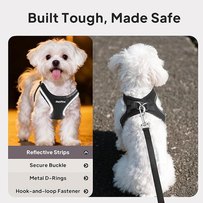 PetiFine Step in Small Dog Harness and Leash Set, Breathable All Weather Air Mesh Reflective Escape Proof, Step-in Vest Harnesses for Puppy(XS, Black)