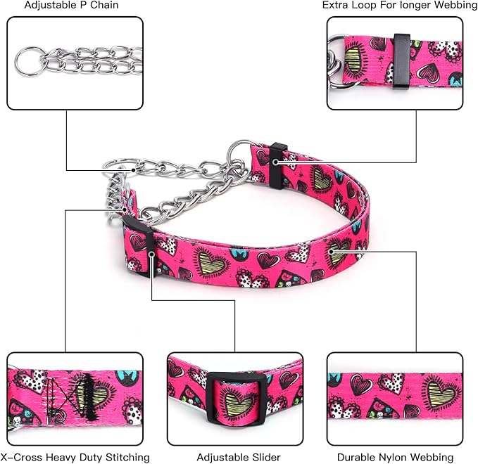Martingale Dog Collar with Stainless Steel Chain - Limited Chain Cinch Training Collar for No Pull Training Dog - Flower Multicolor Cute Patterns - Premium No Slip Collar (HA12NO18, S)