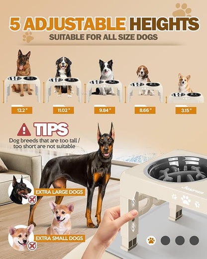 Jovrun Elevated Dog Bowls for Medium Size Dogs with Mat, Non-Slip Dog Feeder with 1*Stainless Steel Dishes & 1*Slow Feeder Bowl, 5 Heights Adjustable Raised Bowls for 3.15″-8.66″-9.84″-11.02″-12.2″