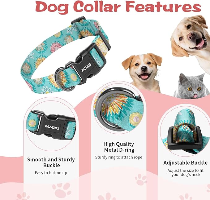 Kazazoo Dog Collar Cute and Soft Nylon Puppy Collar for Boy and Girl, Adjustable Dog Collars for Medium Large Dogs, Blue Sunflowers-L