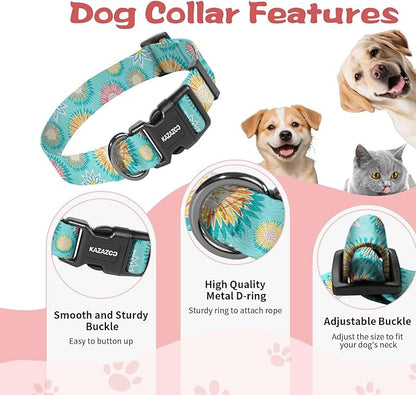Kazazoo Dog Collar Cute and Soft Nylon Puppy Collar for Boy and Girl, Adjustable Dog Collars for Small Medium Dogs, Blue Sunflowers-XS