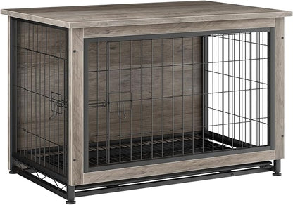JY QAQA Dog Crate Furniture, Wooden Dogs Crate Table, Double-Doors Dog Furniture, Indoor Dog Kennel, Dog House, Dog Cage/Grey/L
