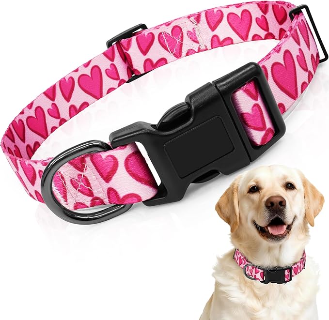 Kazazoo Dog Collar Cute and Soft Nylon Puppy Collar Girl, Adjustable Dog Collars for Medium Large Dogs, Hot Pink Heart-L