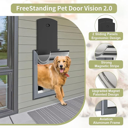 FreeStanding Doggy Door for Wall, Doggie Door with Aluminum Frame, Telescoping Tunnel, Magnetic Flap Design and Two Sliding Lock Panels,Medium,Gray.