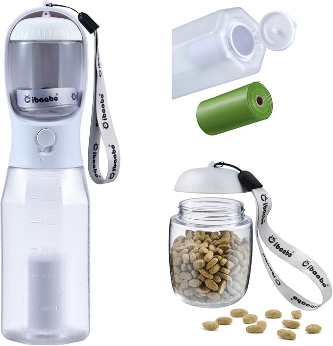 Cibaabo Dog Water Bottle with Food Container & Poop Bag Holder, Travel Water Bowl, Portable Pet Dispenser, Dog Gifts Stuff Accessories Items, Puppy Essentials for Yorkie Chihuahua Walking Hiking