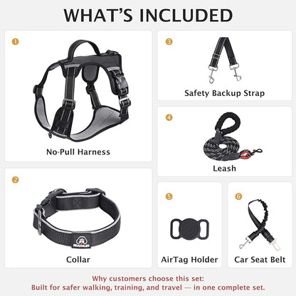 IEUUMLER No Pull Dog Harness, Reflective Front Clip Vest with Leash,Safety Belt and Backup Safety Strap, Adjustable Easy Control Handle,Air Tag Dog Collar for Small Medium Large Dogs EU021 (Black, XS)