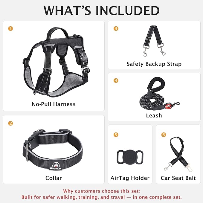 IEUUMLER No Pull Dog Harness, Reflective Front Clip Vest with Leash,Safety Belt and Backup Safety Strap, Adjustable Easy Control Handle,Air Tag Dog Collar for Small Medium Large Dogs EU021 (Black, S)