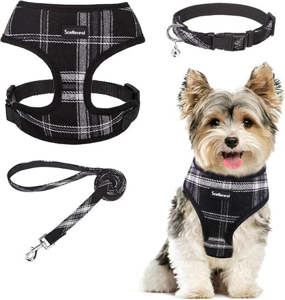 SCENEREAL No Pull Dog Harness Collar and Leash Set Small Medium Sized Dog, Soft Mesh Puppy Harnesses, No Chock Plaid Adjustable Pet Vest for Outdoor Walking Training and Running, Black S