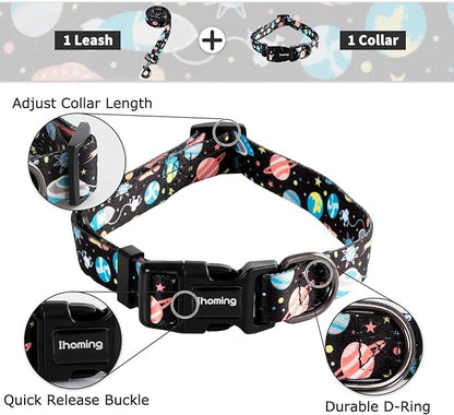 Ihoming Dog Collar and Leash Set for Daily Outdoor Walking Running Training, Space Design for Small Boys Girls Dogs Cats Pets, S-Up to 20LBS