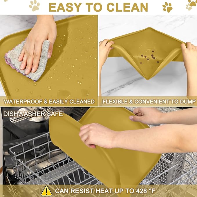 Smilool Silicone Pet Food Mat with Raised Edge for Food and Water Bowl, Dog Feeding Mats, Cat Food Trays for Floor Waterproof, Rubber Tray for Dogs and Cats, 22 x 14 x 0.8 Honey