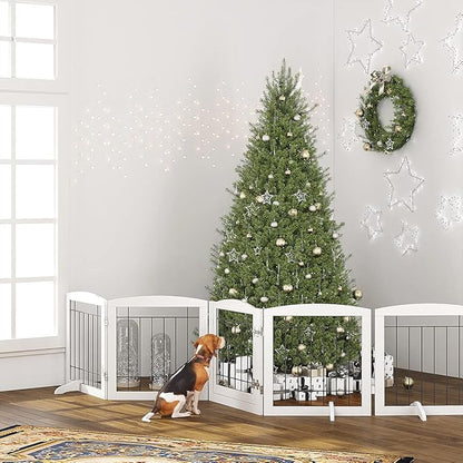 PAWLAND Freestanding Dog gate with Walk Through Door, Dog Gates for Doorways, The House, Stairs, 80" Wide Pet Puppy Safety Fence with Support Feet, 4 Panels, White