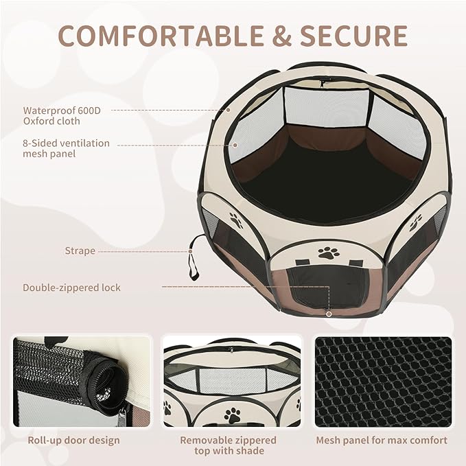 Dog playpen, Foldable Puppy Playpen, Pet Playpen Carrier Pop Up Tent 8-Panel Mesh Cover Adorable Design 600D Soft Oxford Playpen Kennel for Indoor-Outdoor Dog Cat Rabbit. (M 35" 35" 24", Brown)