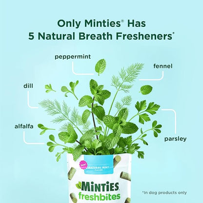 Minties FreshBites Soft and Chewy Dental Treats, Low Calorie Natural Mint Flavored Dental Chews for Dogs, 50 Count, Dog Chews Clean Teeth, Fight Bad Breath, Removes Plaque and Tartar