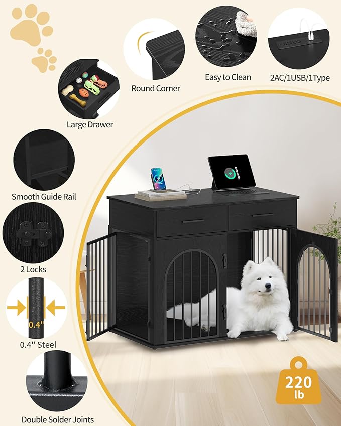 Hzuaneri 39.4'' Large Dog Crate Furniture with 2 Storage Drawers, Heavy Duty Dog Kennel Indoor with Charging Station, Wooden Dog Cage End Table Kennel for Medium/Large Dogs, Black DFC84204B