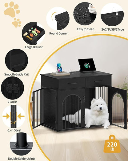 Hzuaneri 39.4'' Large Dog Crate Furniture with 2 Storage Drawers, Heavy Duty Dog Kennel Indoor with Charging Station, Wooden Dog Cage End Table Kennel for Medium/Large Dogs, Black DFC84204B