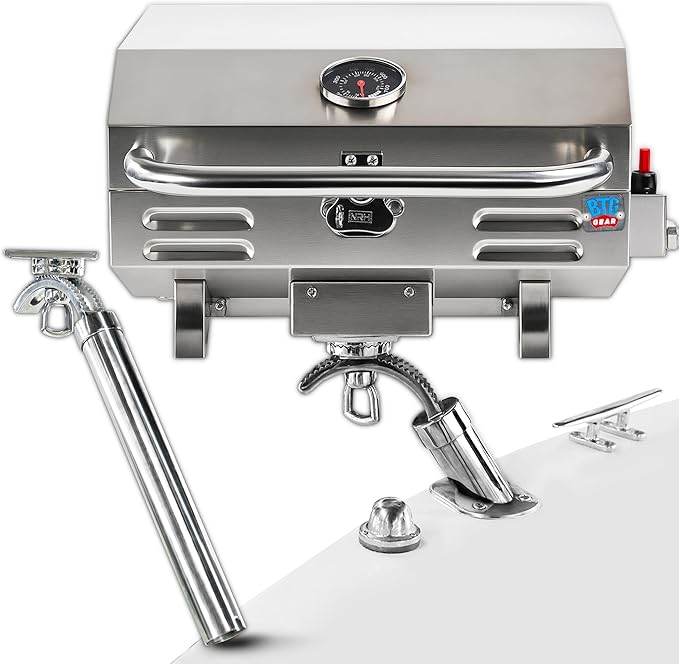 Tailwaves Marine Boat Grill w/Rod Holder Mount | Stainless Steel | Propane Boats & Tailgating & Camping | Built in Thermometer | Portable | Fold-away legs
