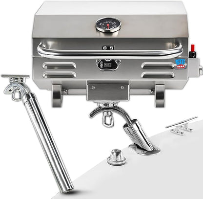 Tailwaves Marine Boat Grill w/Rod Holder Mount | Stainless Steel | Propane Boats & Tailgating & Camping | Built in Thermometer | Portable | Fold-away legs