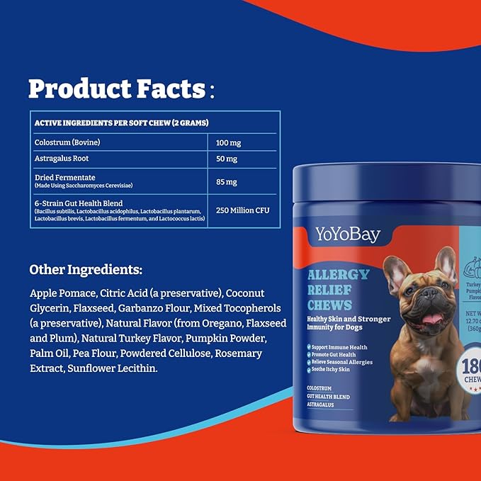 Dog Allergy Relief Chews – 180 Soft Chews, Turkey & Pumpkin Flavor - Immune Support & Itch Relief with Colostrum, Astragalus Root, 6-Strain Gut Health Blend