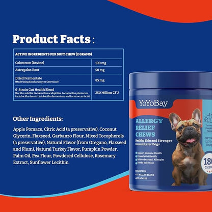 Dog Allergy Relief Chews – 180 Soft Chews, Turkey & Pumpkin Flavor - Immune Support & Itch Relief with Colostrum, Astragalus Root, 6-Strain Gut Health Blend