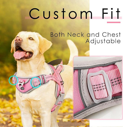 ADVENTUREMORE Medium Dog Harness - No Pull, Adjustable Reflective Vest with Front Clip Handle for Training & Walking - M Pink
