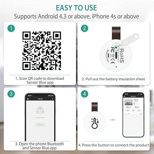 ORIA Wireless Thermometer Hygrometer, Smart Bluetooth Humidity Temperature Sensor, Mini Indoor Outdoor Temperature Monitor with Data Storage and Export, Smart App Alert, 3 Pack