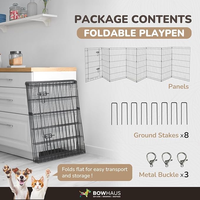 BOWHAUS Foldable Outdoor/Indoor Pet Playpen with Gate, Available in 30 Inch Height Metal Portable Kennel, Heavy-Duty Exercise Fence Cage 8 Panels for Medium Dog, Animals