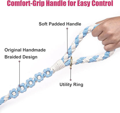 Handmade 5ft Braided Cotton Dog Leash with Unique Floral Handle, Durable and Stylish, Ideal for Small to Large Dogs,Blue & White Color