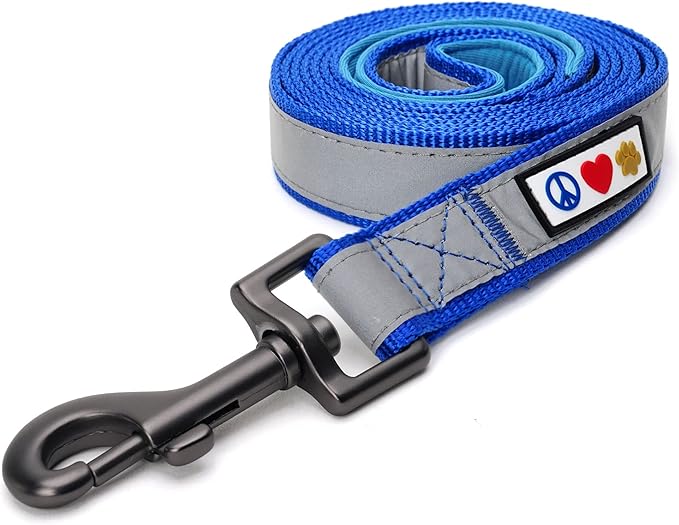Pawtitas Blue Dog Leash 6 ft Custom ID Lead for Dogs & Puppies Reflective Comfortable Padded Handle Embroidered Name & Phone Number