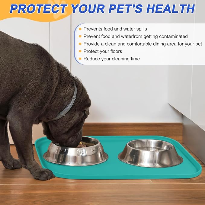 SMILOOL Silicone Pet Feeding Mat with Raised Edge for Food and Water, Dog Bowl Mats, Cat Bowls Placemat with High Lip for Floor Waterproof, Rubber Tray for Cats and Dogs 24 x 16 x0.8 Dark Turquoise