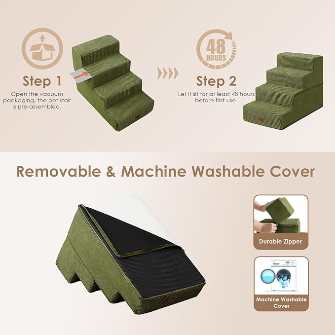 EHEYCIGA Dog Stairs for Bed 18" H, 4-Step Dog Steps for High Bed, Pet Steps for Small Dogs and Cats, Non-Slip Balanced Pet Ramp Indoor, Olive Green