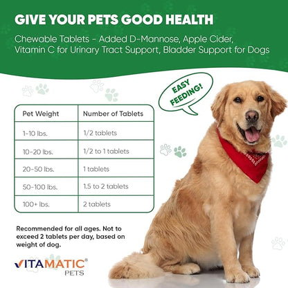 Vitamatic Cranberry for Dogs – 120 Chewable Tablets – with D-Mannose, Apple Cider Vinegar & Vitamin C – Urinary Tract & Bladder Support for Dogs