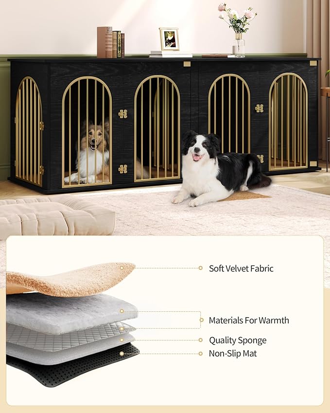 Hzuaneri 88.4" Dog Crate Furniture for 2 Dogs, Heavy Duty Indoor Dog Kennel TV Stand, XXL Wooden Dog Cage with Divider for Medium Large Dogs, End Table Dog Crate with Cushion, Black Gold DFC84004AV1