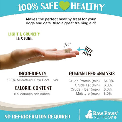 Raw Paws Freeze Dried Beef Liver Dog & Cat Treats (8-Ounce) - Made in USA - Small Liver Bites - Training & Diabetic Dog Treats