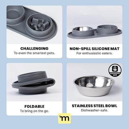 MalsiPree 2-in-1 Puppy Slow Feeder & Water Bowl Set - Puppy Adoption Gifts & Dog Birthday Treats Station - Silicone Feeding Mat with Stainless Steel Bowls - Accessories & Training Supplies - Gray
