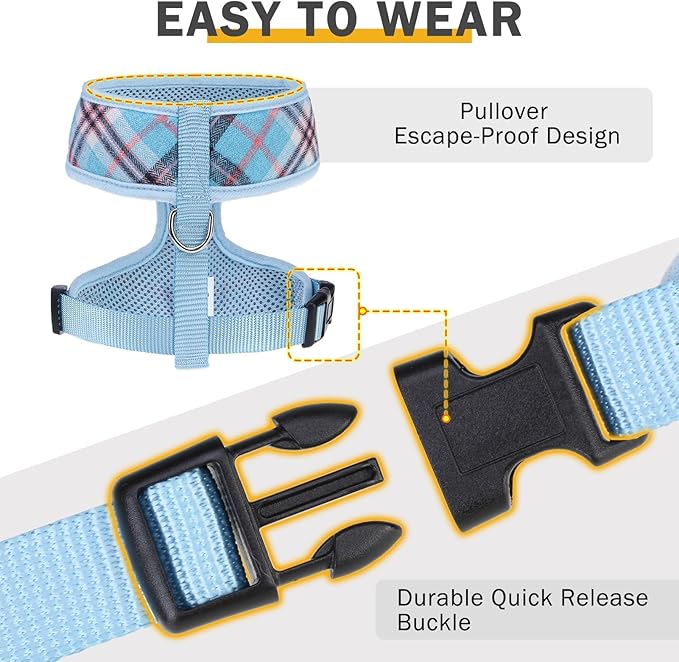 SCENEREAL Puppy Dog Harness with Leash Set for Small Medium Sized Dogs, Soft Mesh Pet Harnesses and Leash, No Chock Plaid Adjustable No Pull Vest for Dogs Cats, Chihuahua,Bulldog (Blue XS)