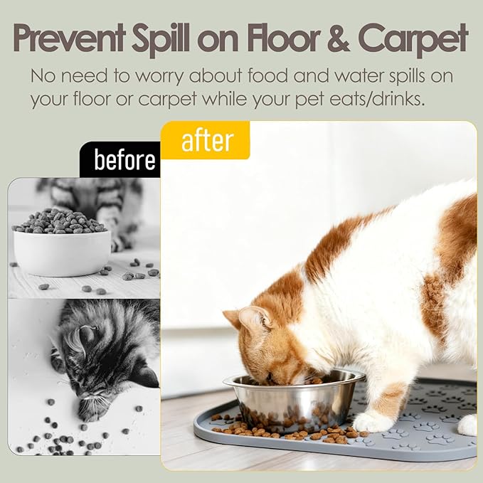 Pet Feeding Mat, Waterproof Anti-Slip Placemats for Dog Cat Bowl Silicone Pet Food Mat, Raised Edge Prevent Spills on Floor & Carpet, Dishwasher Safe (Gray, 11" x 11")