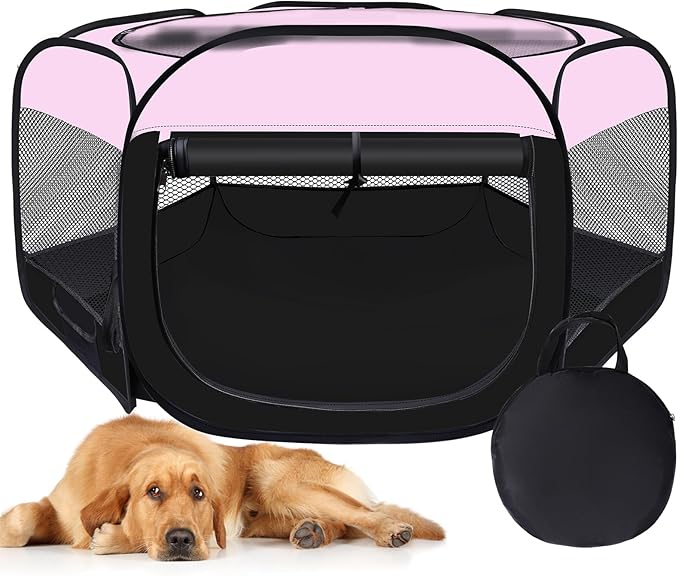 Dog Cat Playpen,Portable Pet Puppy Playpen,Rabbit Puppy Dog Play Pen for Indoors,Dogs Tent for Indoor Cats,Kitten Playpen,Collapsible Small Cats Crate Cage for Small Dogs with Carrying Case(Pink, L)