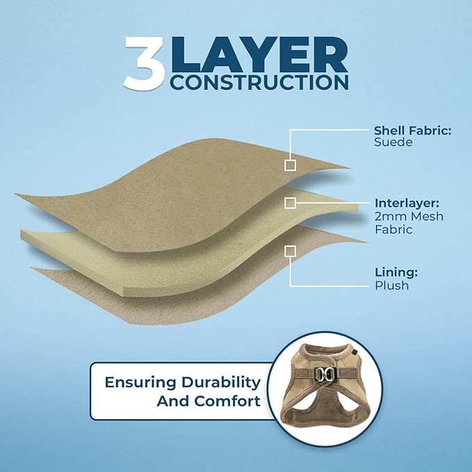 Best Pet Supplies - All Weather Plush, Reflective, No Pull Harness for Small, Medium Dogs, Cats - Secure with Hook & Loop Fastener, Buckle, Double D-Rings - Latte Suede, L