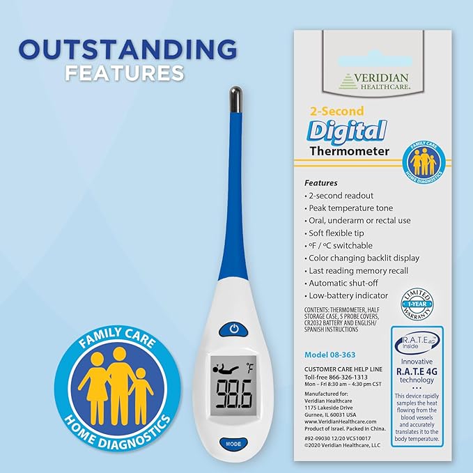 Veridian Healthcare Digital Thermometer | 2-Second Readout | Rate Rapid Read Technology| Flexible Tip | Hygienic Water-Resistant Easy Cleaning | Storage Case + Instructions Included