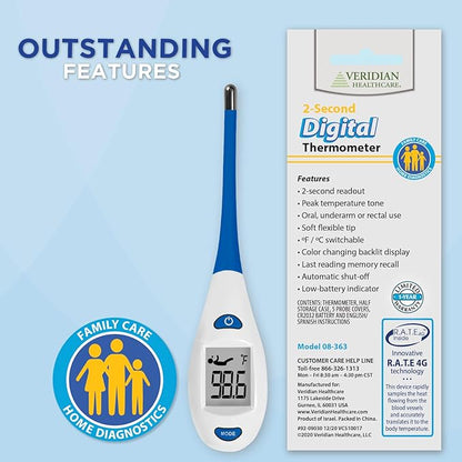 Veridian Healthcare Digital Thermometer | 2-Second Readout | Rate Rapid Read Technology| Flexible Tip | Hygienic Water-Resistant Easy Cleaning | Storage Case + Instructions Included