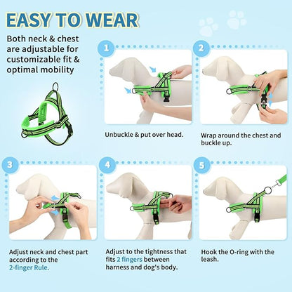 Lukovee Soft Padded Small Dog Harness (X-Small, Green) with 4ft Lightweight Leash, Adjustable Reflective Vest for Walking, Running, Hiking, Training