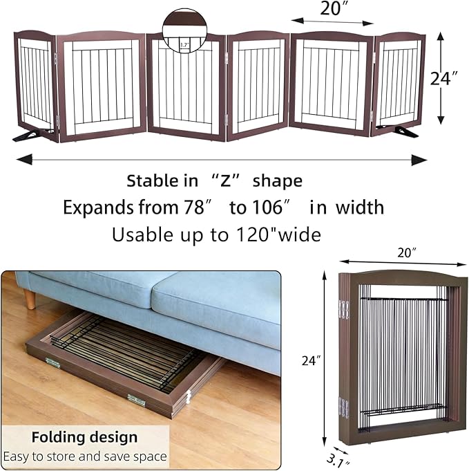 ZJSF Freestanding Dog Fence Indoor, Foldable Dog Gate for Doorways, Stairs or Hallways, Sturdy Wood Extra Wide Pet Gate with Support Feet for The House, Brown, 24 "Height-6 Panels