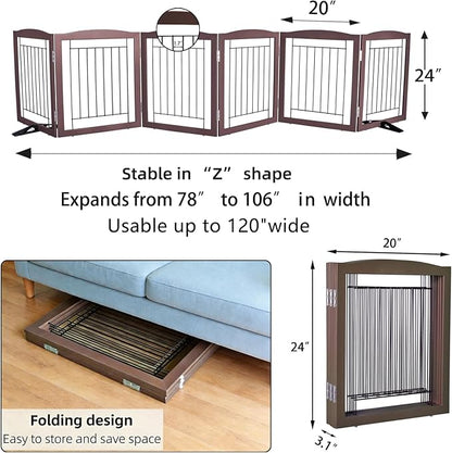 ZJSF Freestanding Dog Fence Indoor, Foldable Dog Gate for Doorways, Stairs or Hallways, Sturdy Wood Extra Wide Pet Gate with Support Feet for The House, Brown, 24 "Height-6 Panels
