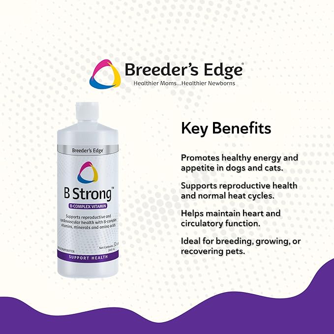 Breeder's Edge B Strong Liquid, Vitamin B for Dogs and Cats, Supports Canine and Feline Reproductive Health, Promotes Healthy Heat Cycles, Provides Energy, and Stimulates Appetite, 8 oz